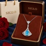 Ocean Reverie natural blue topaz fan necklace presented in a SIGLO jewelry gift box