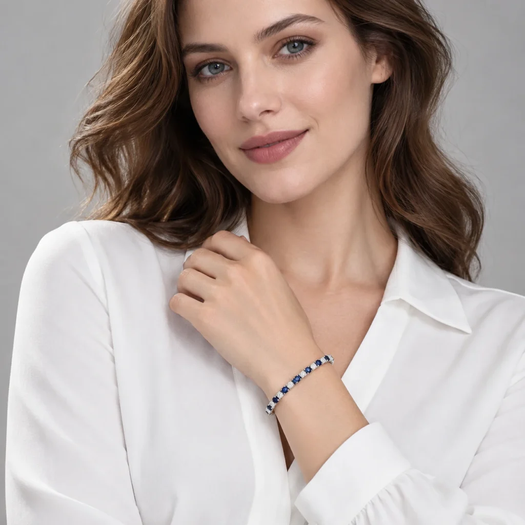 Model wearing the 6.69-inch Midnight Promise sapphire tennis bracelet