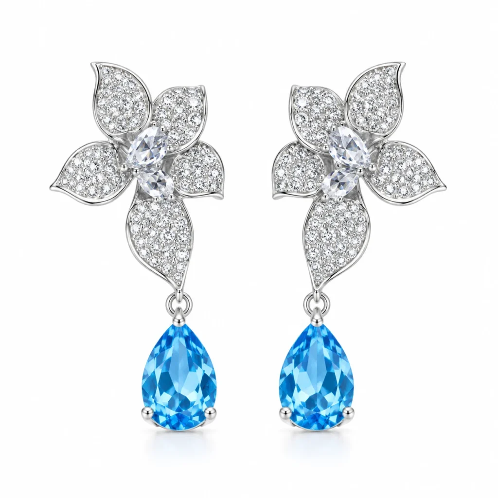 Blue topaz teardrop earrings with sparkling flower-shaped tops and suspended pear-shaped stones in S925 silver