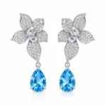 Blue topaz teardrop earrings with sparkling flower-shaped tops and suspended pear-shaped stones in S925 silver