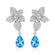 Blue topaz teardrop earrings with sparkling flower-shaped tops and suspended pear-shaped stones in S925 silver