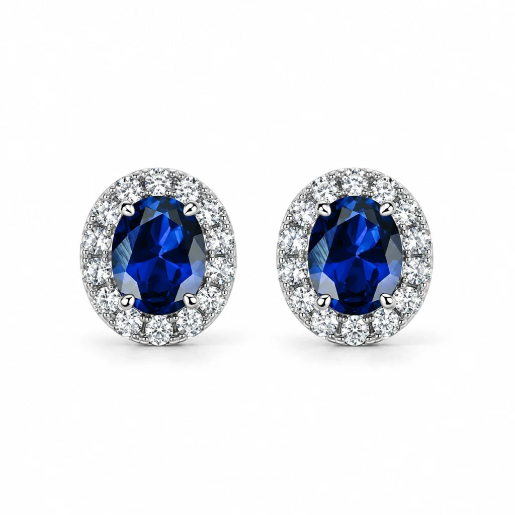 Sapphire halo stud earrings with oval deep blue centers and sparkling accents in S925 sterling silver
