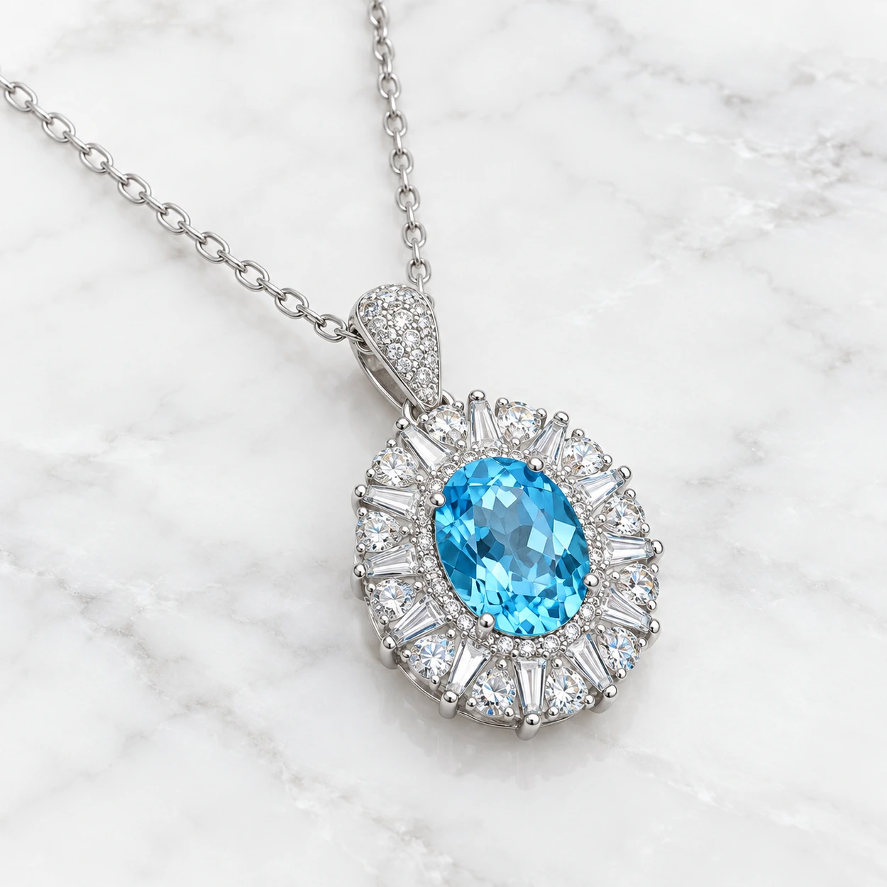 45-degree view of the Azure Heart blue topaz necklace showing its layered halo and sparkling bail