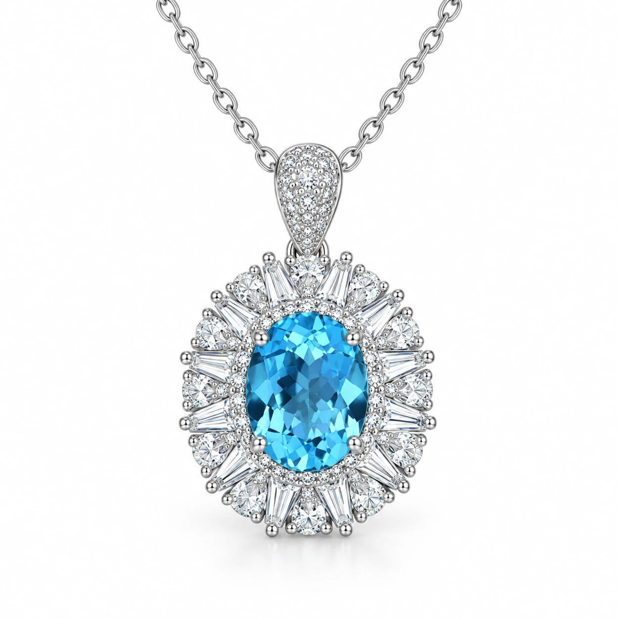 Blue topaz halo necklace with an oval ocean-blue gemstone and sunburst accents in S925 silver