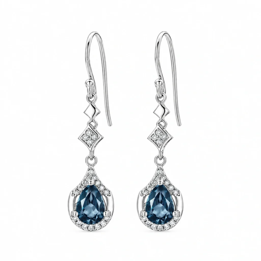 Natural blue topaz drop earrings with pear-shaped stones, geometric links and S925 silver hooks