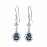 Natural blue topaz drop earrings with pear-shaped stones, geometric links and S925 silver hooks