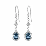 Natural blue topaz drop earrings with pear-shaped stones, geometric links and S925 silver hooks