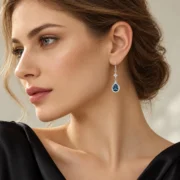 Close-up of a model wearing a Twilight Dew blue topaz drop earring with delicate silver geometric details