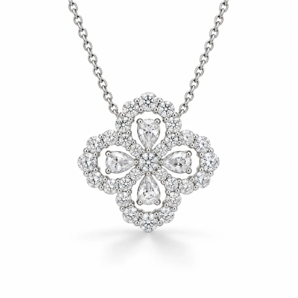 Lab-grown diamond clover necklace with four pear-shaped stones and openwork sparkling borders in S925 silver