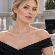 Model wearing the Luminous Luck diamond clover necklace on a 17.7-inch sterling silver chain