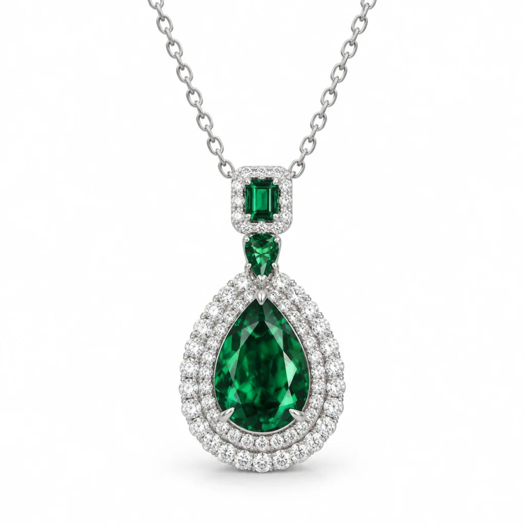 Emerald teardrop necklace with a multi-row sparkling halo and two green accent stones in S925 silver
