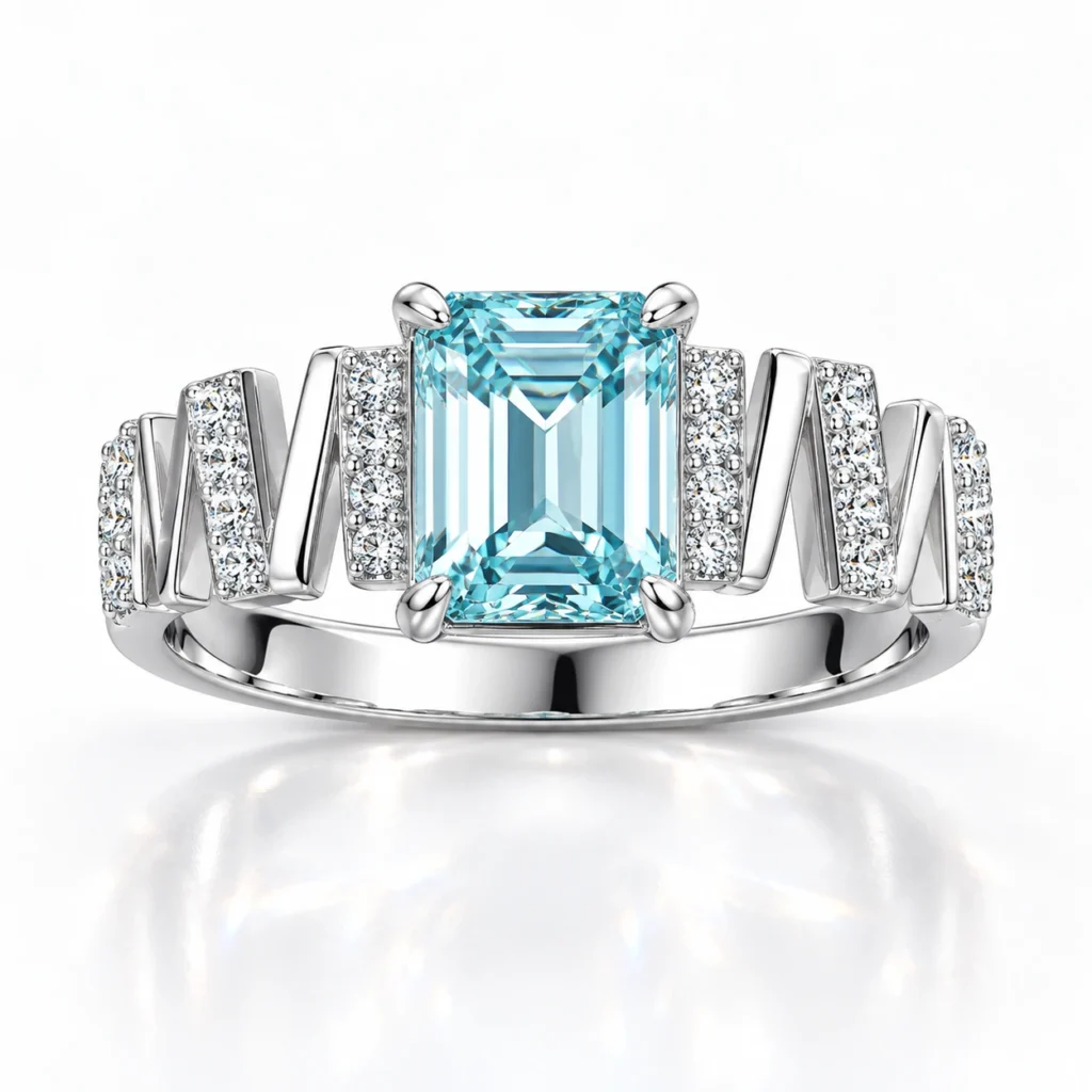 SIGLO light blue emerald-cut ring with silver-tone zigzag band, front view