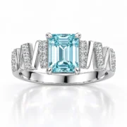 SIGLO light blue emerald-cut ring with silver-tone zigzag band, front view