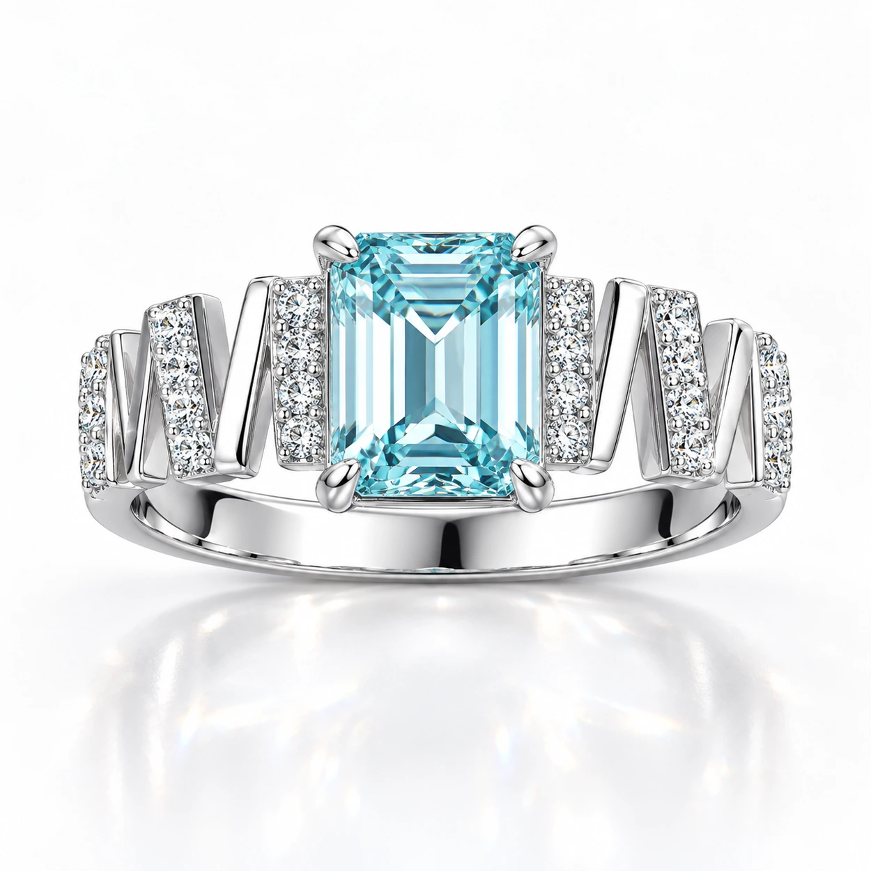 siglo-light-blue-emerald-cut-ring-front SIGLO light blue emerald-cut ring with silver-tone zigzag band, front view