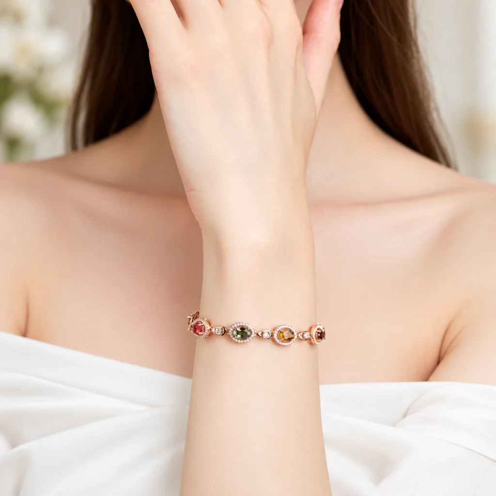 Natural tourmaline halo bracelet in a styled jewelry display