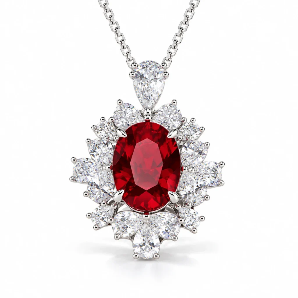 Ruby halo necklace with an oval red center, radiating diamond accents and a pear-shaped upper stone in S925 silver