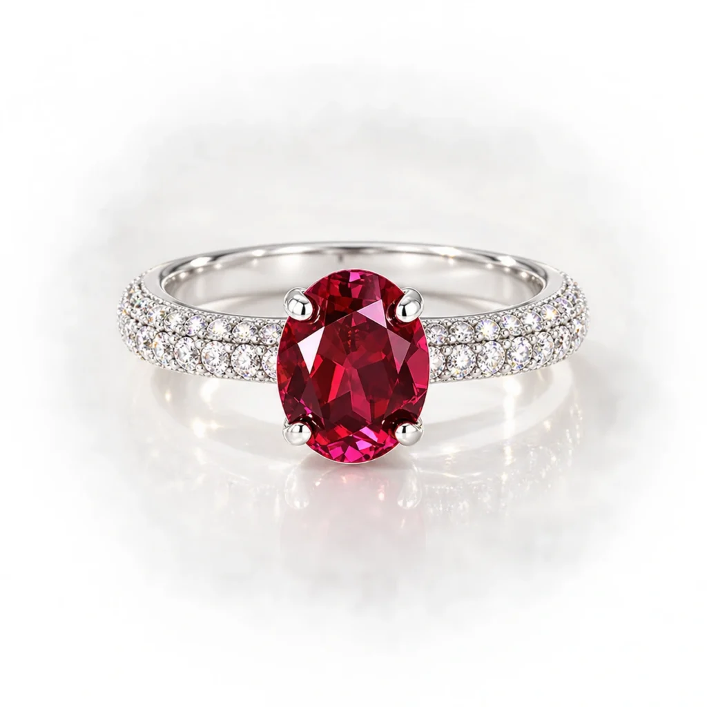 Oval red diamond ring with a four-prong setting and sparkling S925 silver band