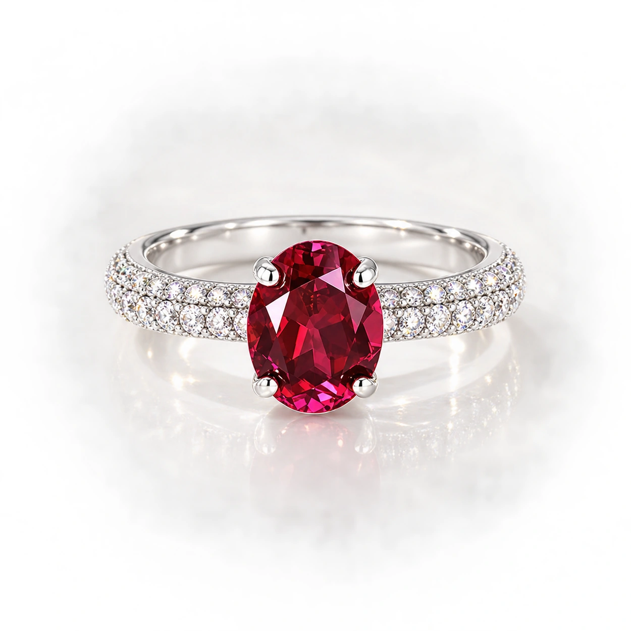 siglo-red-oval-ring-front Oval red diamond ring with a four-prong setting and sparkling S925 silver band