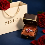 Crimson Devotion red lab-grown diamond ring in an elegant jewelry display