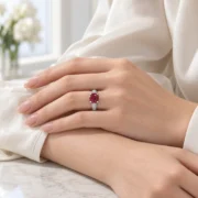 Hand wearing the Crimson Devotion oval red diamond ring in sterling silver
