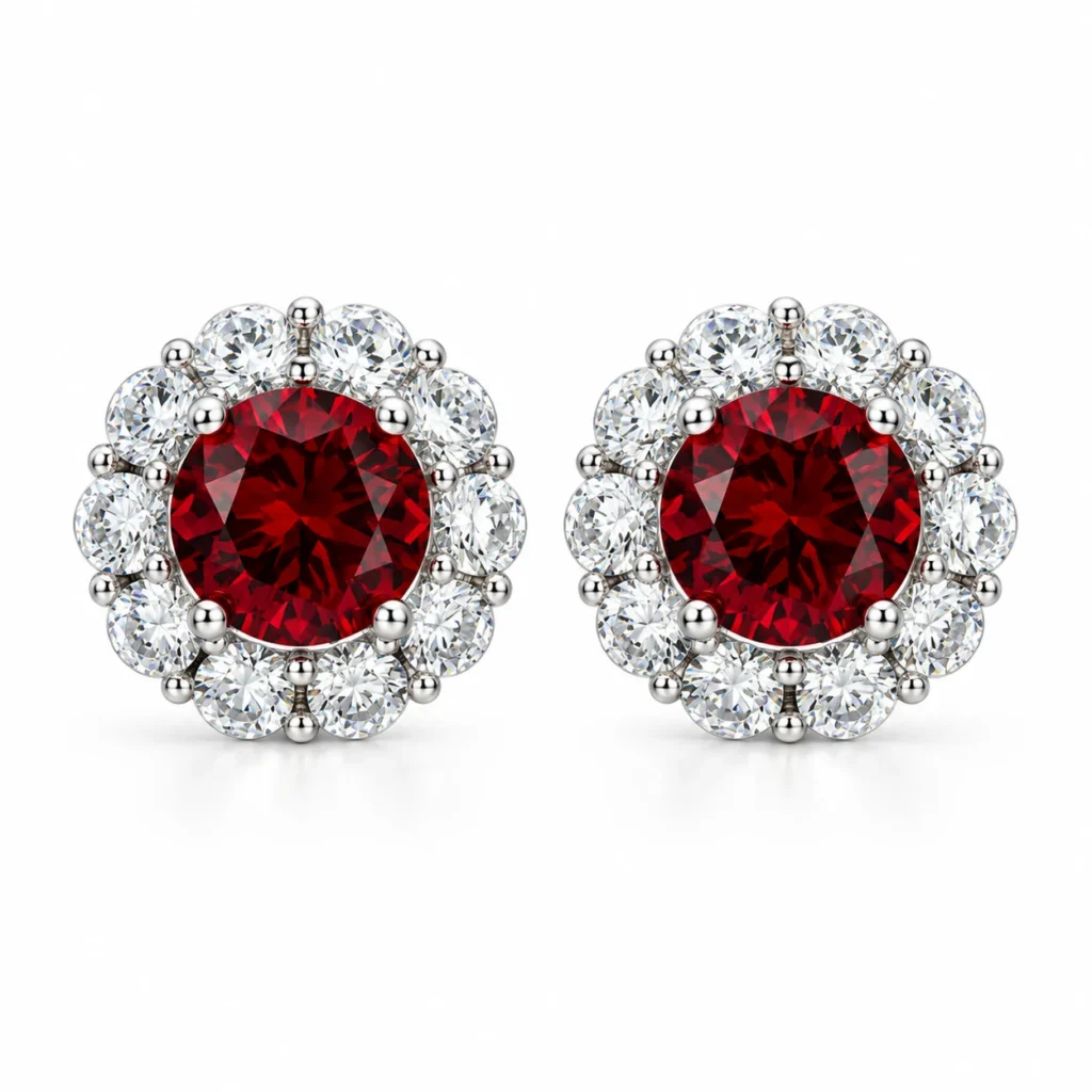 Ruby stud earrings with round red centers and flower-inspired diamond halos in S925 silver