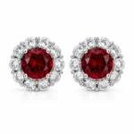 Ruby stud earrings with round red centers and flower-inspired diamond halos in S925 silver