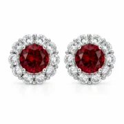 Ruby stud earrings with round red centers and flower-inspired diamond halos in S925 silver
