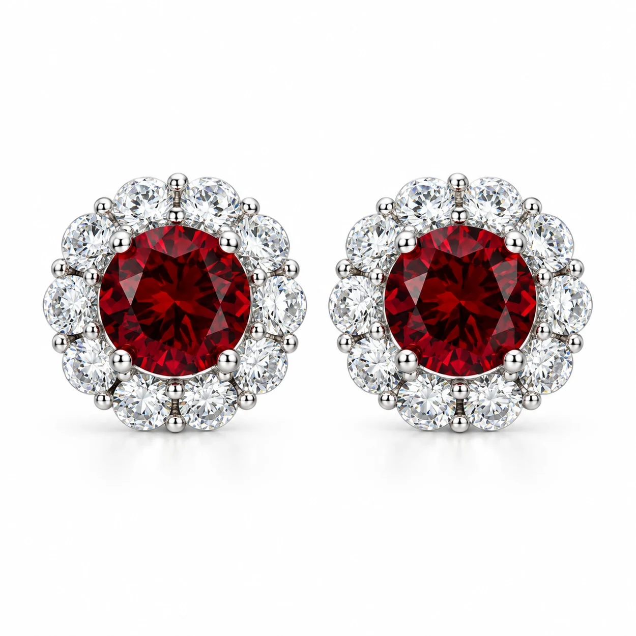 siglo-red-round-floral-stud-earrings-front Ruby stud earrings with round red centers and flower-inspired diamond halos in S925 silver