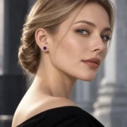 Close-up of a model wearing a Crimson Blossom ruby stud earring with a sparkling floral halo