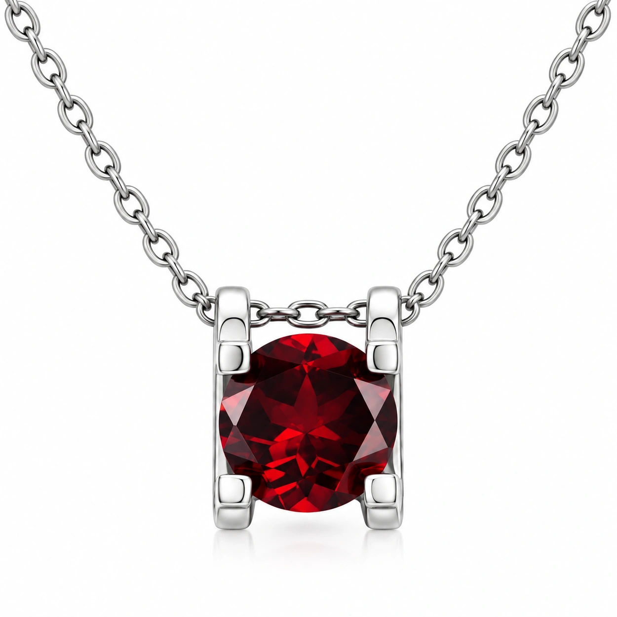siglo-red-solitaire-necklace-front-close-up Natural red garnet solitaire necklace with a four-prong S925 silver setting and delicate chain