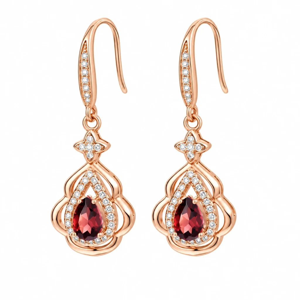 Front view of SIGLO Golden Ember gold plated garnet earrings