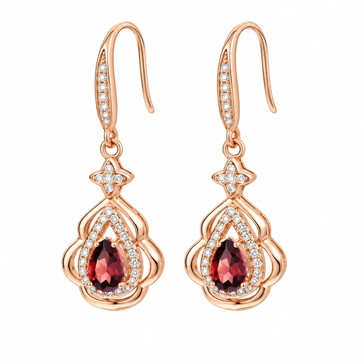 siglo-rose-gold-garnet-drop-earrings-front Front view of SIGLO Golden Ember gold plated garnet earrings