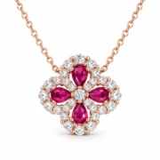 Ruby clover necklace with four pear-shaped red stones and sparkling borders in gold-tone S925 silver