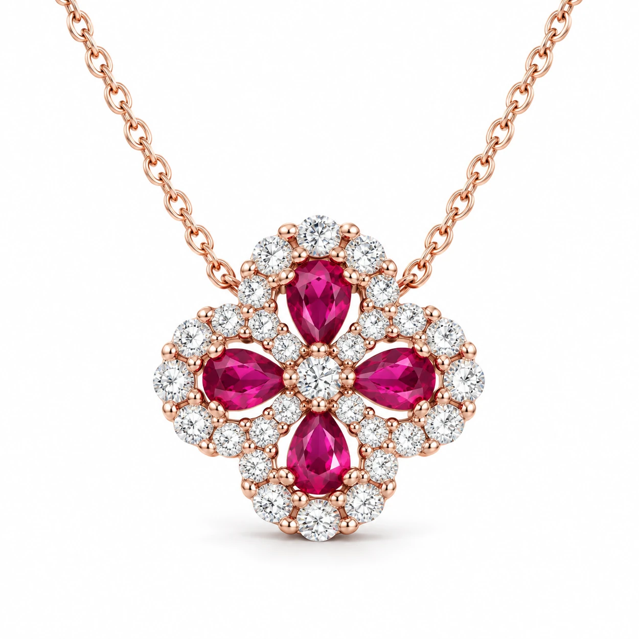 Ruby clover necklace with four pear-shaped red stones and sparkling borders in gold-tone S925 silver