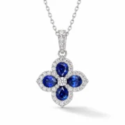Sapphire clover necklace with four deep blue pear-shaped stones and sparkling halos in S925 silver