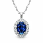 Sapphire halo necklace with an oval deep blue center and lab-grown diamond accents in S925 silver