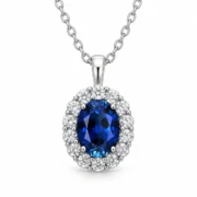 Sapphire halo necklace with an oval deep blue center and lab-grown diamond accents in S925 silver