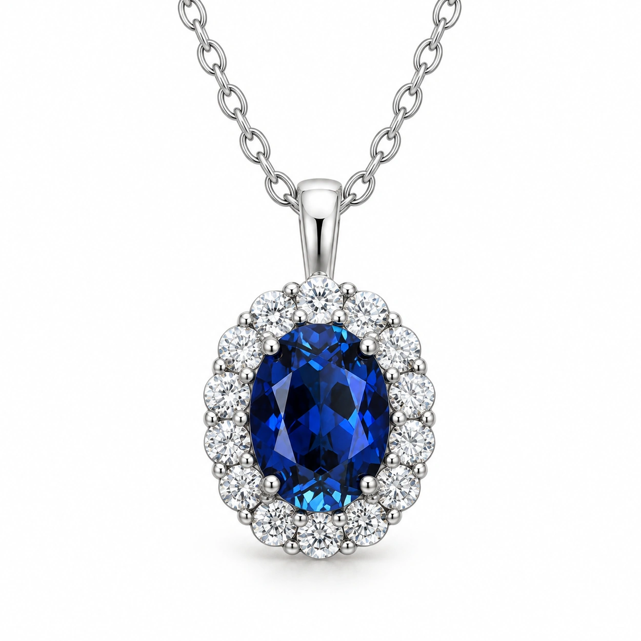Sapphire halo necklace with an oval deep blue center and lab-grown diamond accents in S925 silver