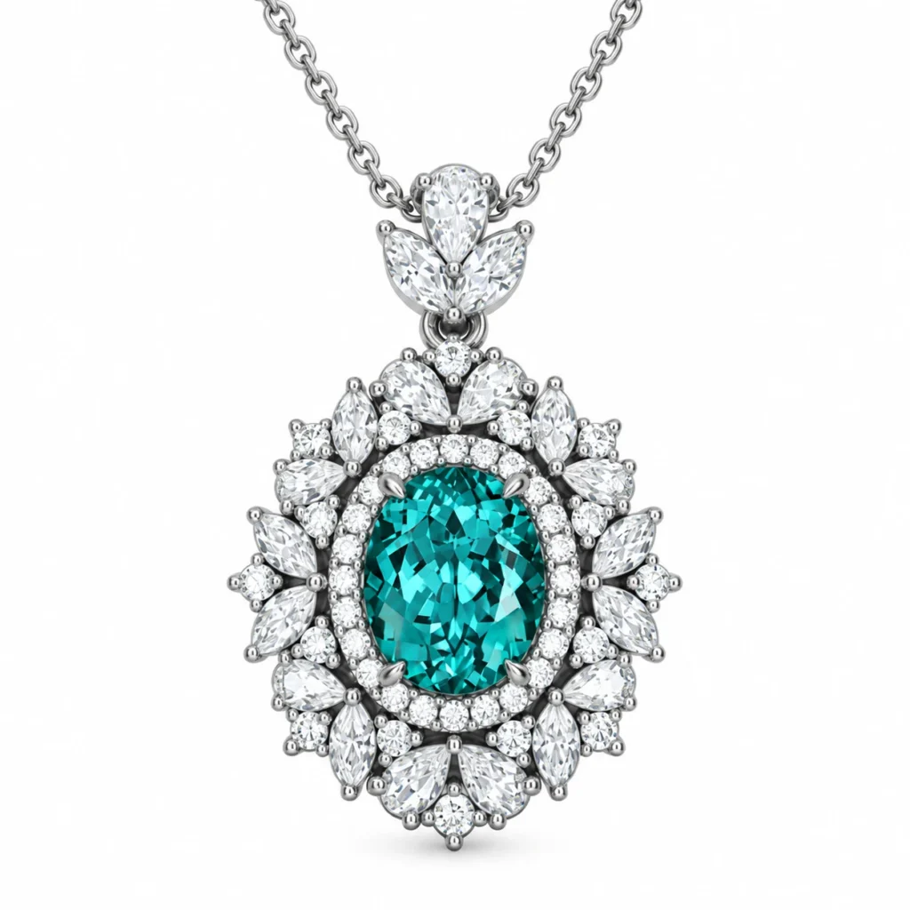 Ocean Majesty teal statement necklace with an oval center and floral halo in S925 silver