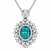 Ocean Majesty teal statement necklace with an oval center and floral halo in S925 silver