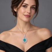 Model wearing the Ocean Majesty teal floral halo necklace on a 17.77-inch chain