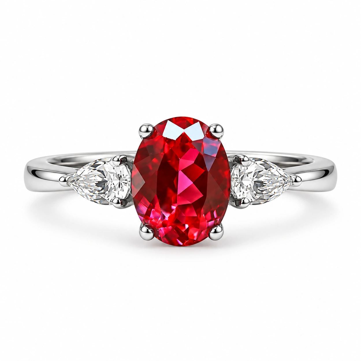 crimson-vow-R1027-1.5ct-front Front view of a red three stone ring with an oval center and pear-shaped side stones