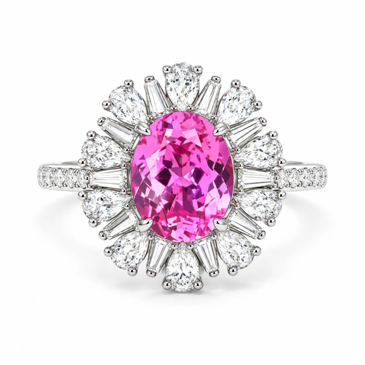 Front view of the Pink Reverie pink cocktail ring with an oval center and sunburst halo