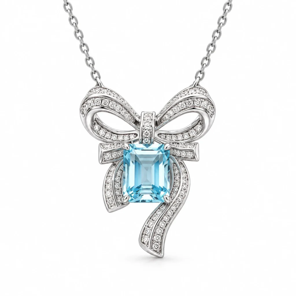 Azure Ribbon bow necklace with natural blue topaz and sparkling ribbon details in S925 silver