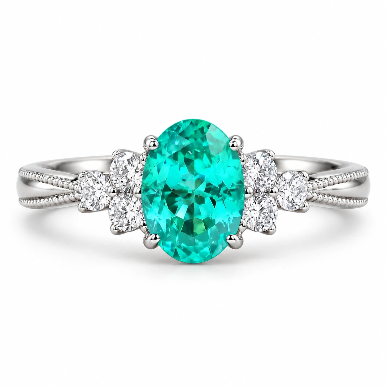 Front view of a teal cluster ring with an oval blue-green center and clear side stones
