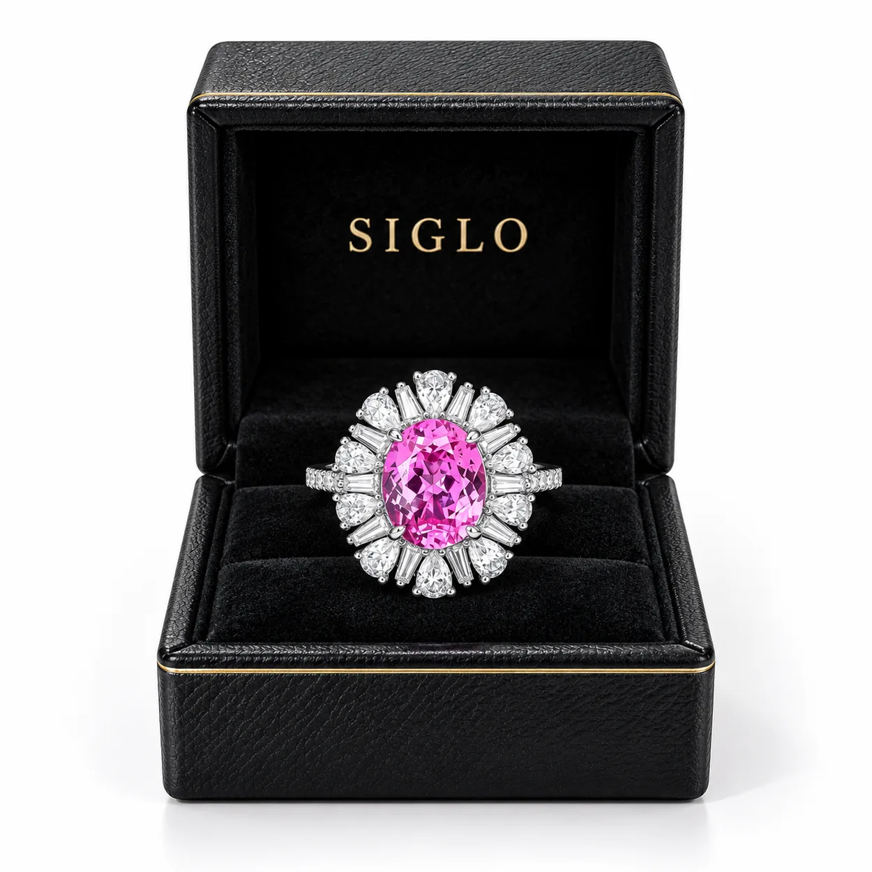 Pink Reverie sunburst ring presented in a SIGLO jewelry gift box