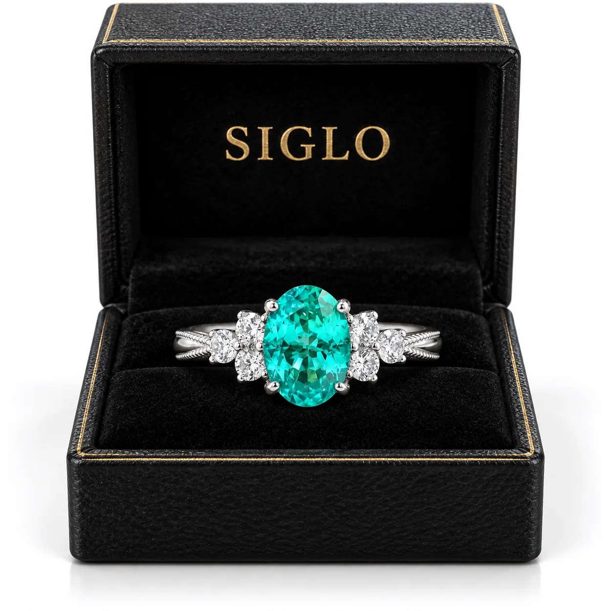 Lagoon Whisper teal cluster ring presented in a SIGLO jewelry gift box