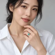 Teal cluster ring worn on the hand, showing its oval center and delicate silver band