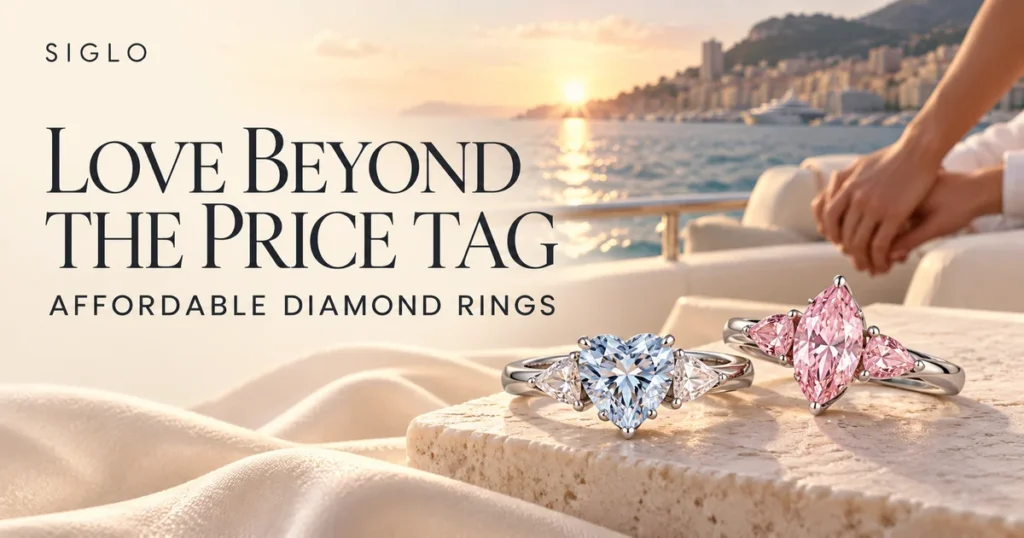Affordable diamond rings illustrated with an ice-blue heart ring and pink marquise ring, with a couple holding hands by the sea at sunset.