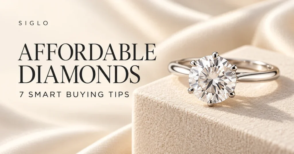 Silver solitaire ring on a cream display beside the headline Affordable Diamonds: 7 Smart Buying Tips
